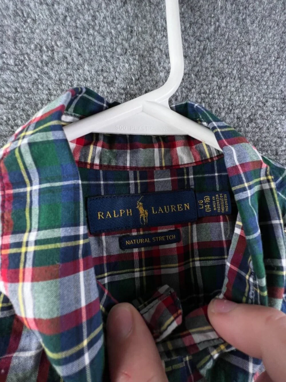 Ralph Lauren Button Up Shirt Boys’ Natural Stretch Large 14-16 Plaid Green Red